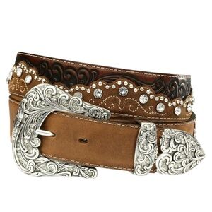 New Tony Lama Women’s Kaitlyn Crystal Brown Leafher Western Belt Buckle Set